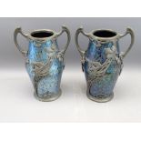 ART NOUVEAU IRIDESCENT GLASS & PEWTER MOUNTED VASES, a pair, possibly Loetz Austria, Rubin