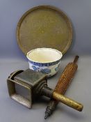 MIXED COLLECTORS ITEMS GROUP including a vintage carriage lamp, blue and white chamber pot, circular