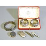 SMALL SILVER & BIJOUTERIE ITEMS to include a pair of circular salts in a red fitted case, a ribbed