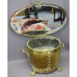 GEORGIAN STYLE BRASS LOG BIN and a vintage oval metal framed mirror, the log bin with twin handles