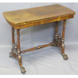VICTORIAN WALNUT FOLDOVER CARD TABLE on turned columns and four splayed feet with cross stretcher,