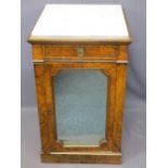 FIGURED WALNUT ANTIQUE SINGLE MIRROR DOOR & DRAWER MARBLE TOP SIDE CABINET, 92cms H, 56cms W,