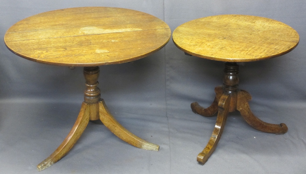 ANTIQUE OAK TILT TOP CIRCULAR TRIPOD TABLES (2), 69cms H, 69cms Diameter, 71cms H, 87cms Diameter