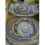 TRANSFER PATTERN BLUE & WHITE DINNERWARE, a mixed quantity including a large platter with juice