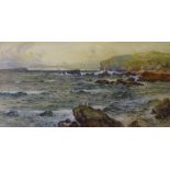 JAMES HUGHES CLAYTON watercolour - coastal rough seas with distant yachts, 33 x 65cms