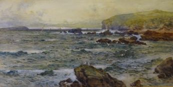 JAMES HUGHES CLAYTON watercolour - coastal rough seas with distant yachts, 33 x 65cms