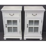 MODERN WHITE PAINTED SIDE CABINETS, a pair of single drawer, single glazed door rectangular cabinets