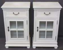 MODERN WHITE PAINTED SIDE CABINETS, a pair of single drawer, single glazed door rectangular cabinets