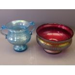 IRIDESCENT GLASSWARE, two items including a purple bowl with indistinct Studio signature to the base