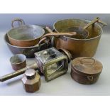 THREE LARGE COPPER PANS, a vintage carriage lamp, two lidded containers ETC
