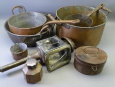 THREE LARGE COPPER PANS, a vintage carriage lamp, two lidded containers ETC