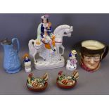 STAFFORDSHIRE & OTHER POTTERY to include a kilted man on horseback, two small Staffordshire