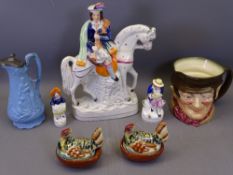 STAFFORDSHIRE & OTHER POTTERY to include a kilted man on horseback, two small Staffordshire