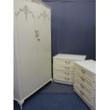 FRENCH STYLE BEDROOM FURNITURE comprising wardrobe and a pair of four drawer chests, wardrobe