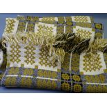CLASSICAL VINTAGE WELSH WOOLLEN BLANKET in mustard and cream tones, 234 x 230cms (some light