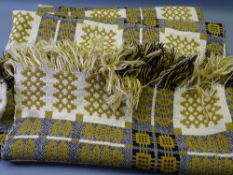 CLASSICAL VINTAGE WELSH WOOLLEN BLANKET in mustard and cream tones, 234 x 230cms (some light