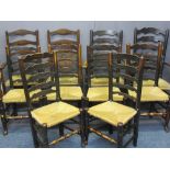 TEN RUSH SEATED LADDER BACK CHAIRS - a set of eight with shaped backs (6 + 2) plus another two