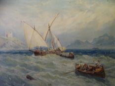 AFTER MYLES BIRKET FOSTER stamped Pears print - boats in rough seas, 47 x 69cms