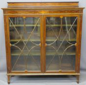 QUALITY EDWARDIAN INLAID BOOKCASE/DISPLAY CABINET having twin twelve pane astragal glazed doors