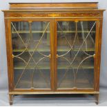 QUALITY EDWARDIAN INLAID BOOKCASE/DISPLAY CABINET having twin twelve pane astragal glazed doors