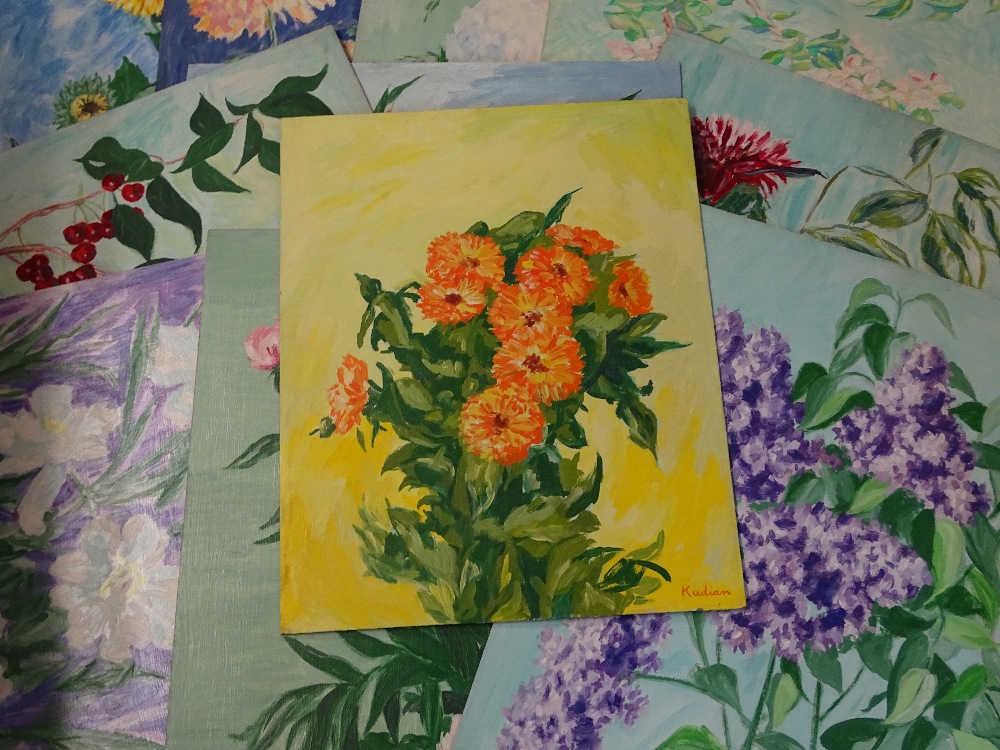 ELEVEN MISCHA KUDIAN GOUACHE FLORAL STUDIES ON BOARD, mainly 62 x 50cms, four of which are signed