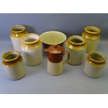 SIX VINTAGE STONEWARE HONEY POTS, a similarly style bowl and a lidded jug