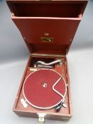 'HIS MASTERS VOICE' RED CASED PICNIC GRAMOPHONE from A J Fleet & Son Gramophone Dealers, Colwyn Bay'
