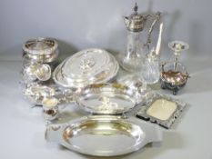 NICE POLISHED SELECTION OF EPNS WARE including a glass claret jug with plated mounts, mask head