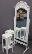 MODERN PAINTED CHEVAL MIRROR and two stands with decorative detail, 169cms H, 68cms W and 66cms H