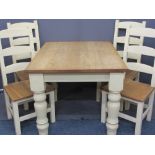 REPRODUCTION OAK & PAINTED FARMHOUSE TABLE & FOUR CHAIRS, 3.5cms thick top on substantial block
