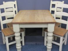 REPRODUCTION OAK & PAINTED FARMHOUSE TABLE & FOUR CHAIRS, 3.5cms thick top on substantial block