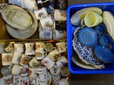 COMMEMORATIVE WARE & HOUSEHOLD POTTERY, a mixed selection within two boxes and a plastic crate