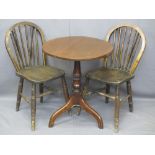 ANTIQUE OAK CIRCULAR TOP TRIPOD TABLE and two stick back farmhouse chairs, 72cms H, 62cms Diameter