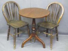 ANTIQUE OAK CIRCULAR TOP TRIPOD TABLE and two stick back farmhouse chairs, 72cms H, 62cms Diameter