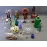 AN EP MOUNTED BISCUIT BARREL, a selection of colourful glassware, ship in bottle ETC