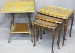 REPRODUCTION NEST OF THREE COFFEE TABLES with glass tops and a two tiered table with inlay detail