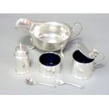 SHEFFIELD 1952 SAUCE BOAT and Birmingham 1920 three piece condiment set, maker's Emille Viner, 15cms