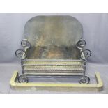 WROUGHT IRON INGLENOOK FIRE BASKET with twist front and side rails, scrolled feet and a solid shaped