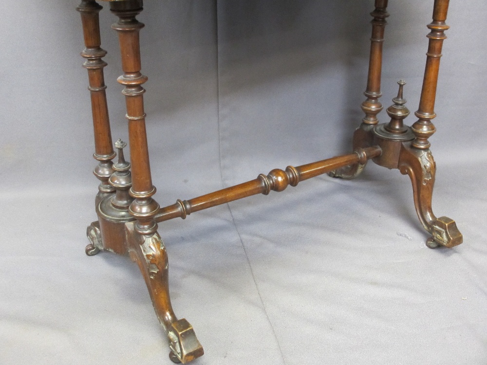 VICTORIAN WALNUT FOLDOVER CARD TABLE on turned columns and four splayed feet with cross stretcher, - Image 3 of 3