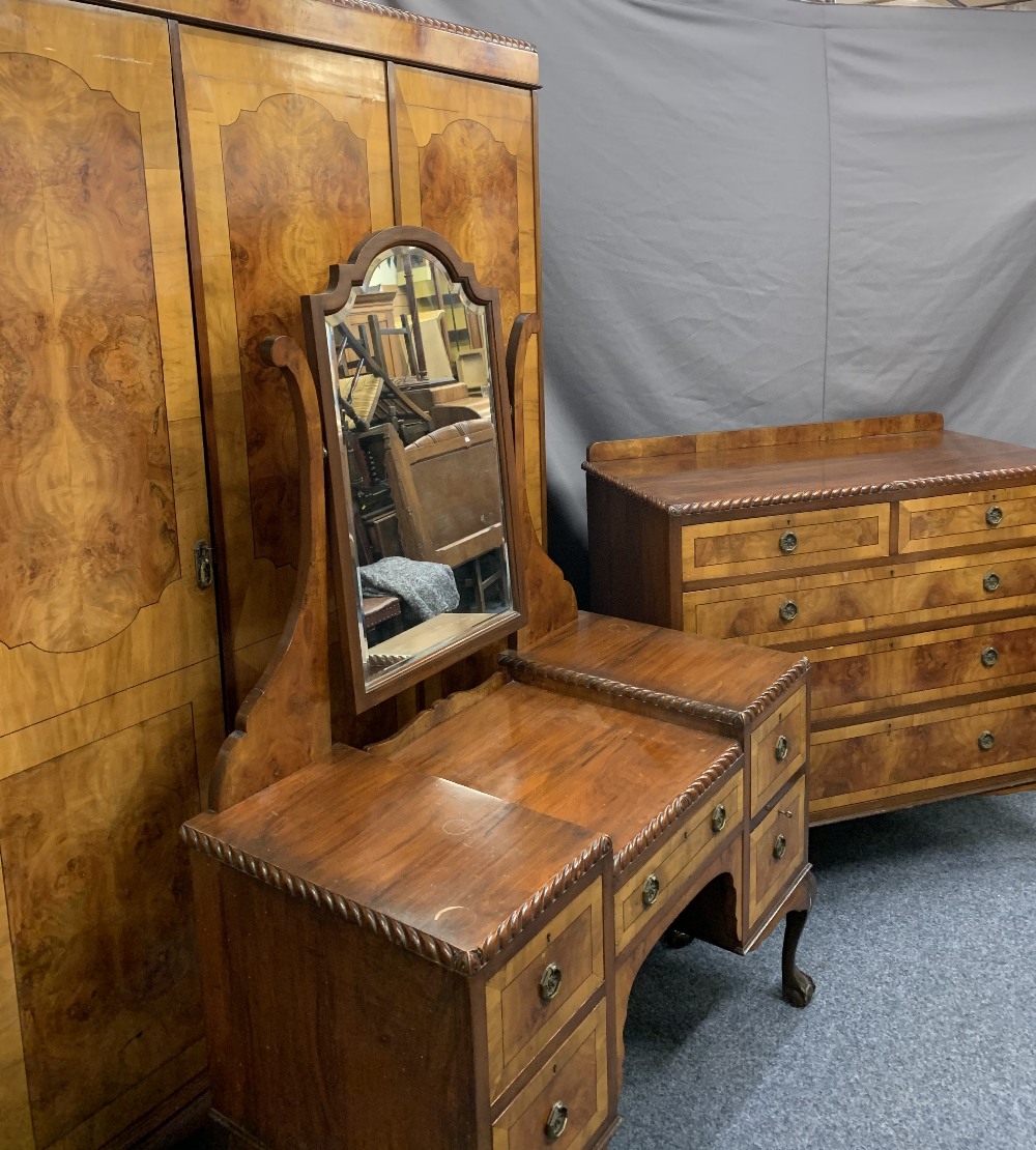 BURR WALNUT CROSSBANDED BEDROOM SUITE comprising triple wardrobe, 211cms H, 160cms W, 62cms D,