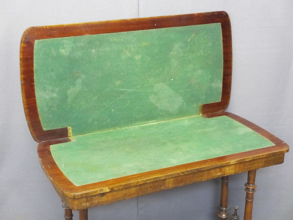 VICTORIAN WALNUT FOLDOVER CARD TABLE on turned columns and four splayed feet with cross stretcher, - Image 2 of 3