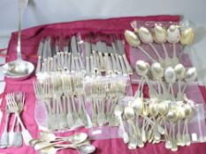 SILVER FIDDLE PATTERN FLATWARE HARLEQUIN SET of 97.5 troy ozs gross weighable, George III and