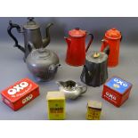 VINTAGE PEWTER & ENAMEL TEAPOTS with a selection of Oxo and other tins