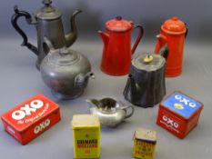 VINTAGE PEWTER & ENAMEL TEAPOTS with a selection of Oxo and other tins