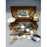 GENT'S WRIST WATCHES, vintage costume jewellery and other collectables in a Victorian mother of