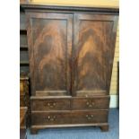 CIRCA 1900 PRESS CUPBOARD, two doors above two long drawers with shelved interior and dentil