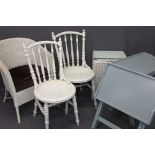 LLOYD LOOM STYLE & OTHER PAINTED FURNITURE to include a wicker arm chair, linen basket, circular