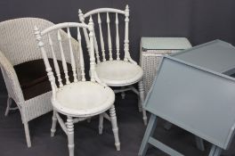 LLOYD LOOM STYLE & OTHER PAINTED FURNITURE to include a wicker arm chair, linen basket, circular