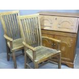 TEAK ELBOW CHAIRS (GARDEN ?) with high backs and a modern polished bureau with carved detail