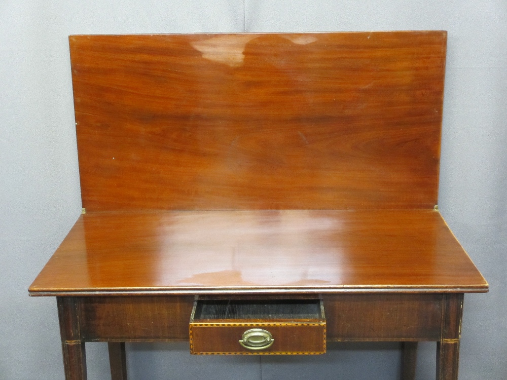 MAHOGANY FOLDOVER TEA TABLE with single drawer on tapered supports, 75cms H, 92cms W, 46cms D - Image 2 of 3